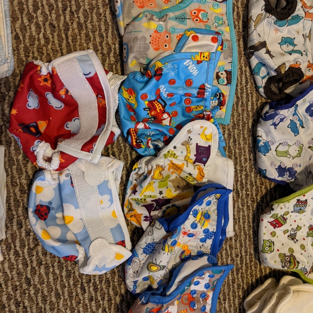 Reusable cloth diapers with liners; variety